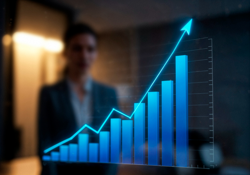 Gráfico de crescimento ascendente sobreposto a ambiente corporativo, ilustrando o desenvolvimento de um produto escalável orientado a resultados