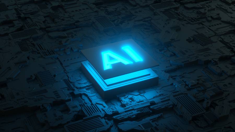 Chip com letras AI iluminadas em azul representando ferramentas de IA aplicadas a empresas 